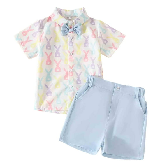 Byoo Easter Boys' Outfit Bunny Carrot Print Short Sleeve Button Down Shirt Shorts Clothes Set Comfort Tracksuit Sets