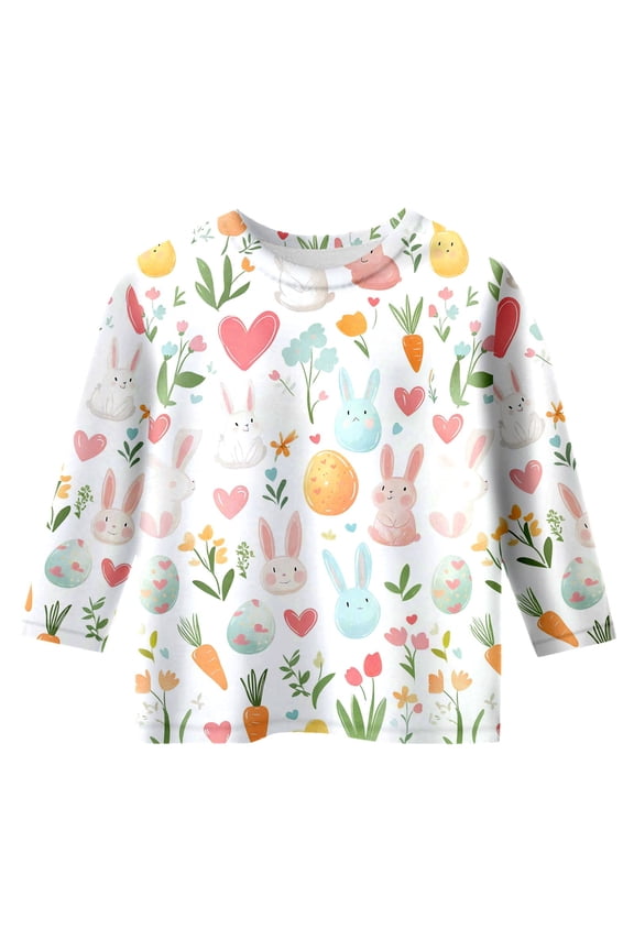 Easter Soft Toddler Girls T-Shirt Summer 3/4 Sleeve O-Neck Holiday Bunny Graphic Pullover T Shirt Kids Soft Daily Tee Shirt ，3-4 T