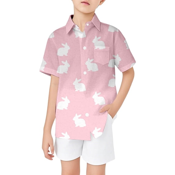 Byoo Easter Tee Shirt for Little Girls Cute Bunny Print Short Sleeve Button Down Shirt with Stand Collar Holiday Soft Top ,7-8 T