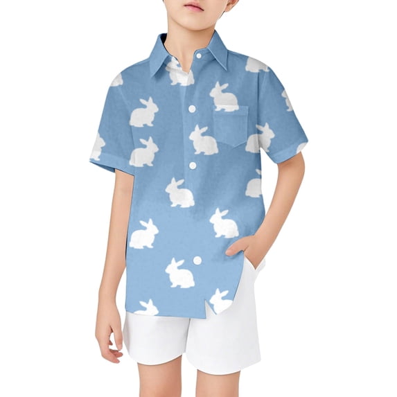 Byoo Easter Tee Shirt for Toddler Girls Cute Bunny Print Short Sleeve Button Down Shirt with Stand Collar Holiday Soft Top ,3-4 T