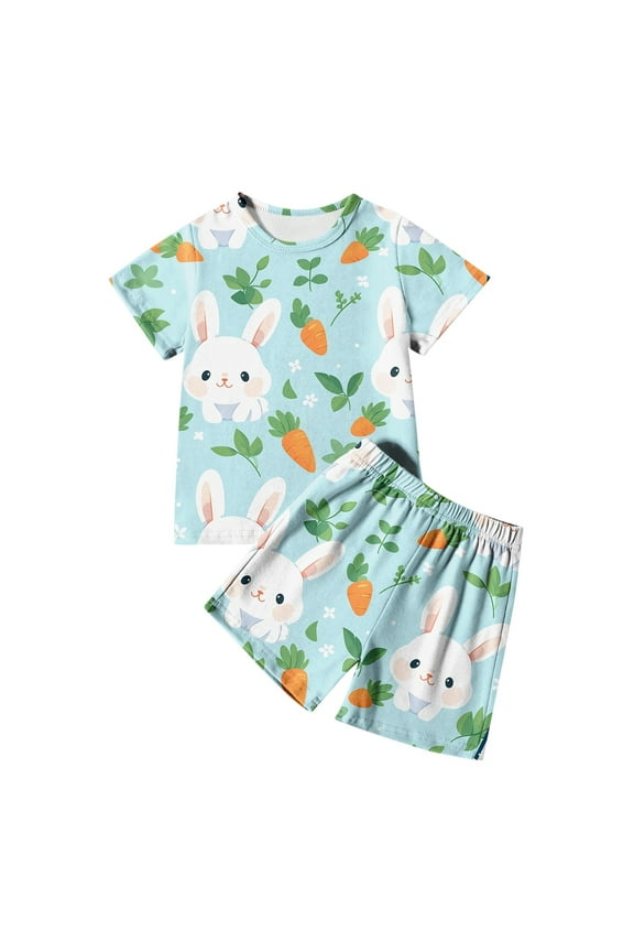 Easter Toddler Girl Printed Loungewear Outfit Bunny Graphic O-Neck Pullover Tee Shorts Outfits Comfort Sleepwear Set, Sizes 3-4T
