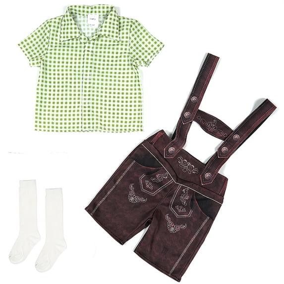 Byoo Embroidered Lederhosen Set for Big Boys Plaid Shirt Oktoberfest Shortalls Holiday Party 3PCS Clothes Set