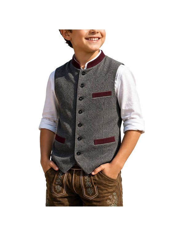 Embroidery Vest for Little Boy Stand Collar Woven Bavarian Sleeveless Jacket Oktoberfest Waist Coat