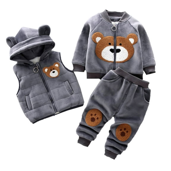 Byoo Toddler Boys Outfit Animal Print Zipper Sweatshirt Hooded Vest Pants Sets 3PCS Winter Warm Clothing Sets