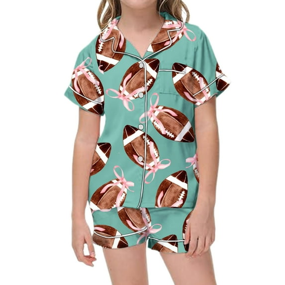 Byoo Football Printed Loungewear for Toddler Girls Button-Front Shirt Short Sleeve Shorts Sleepwear Casual Nightwear