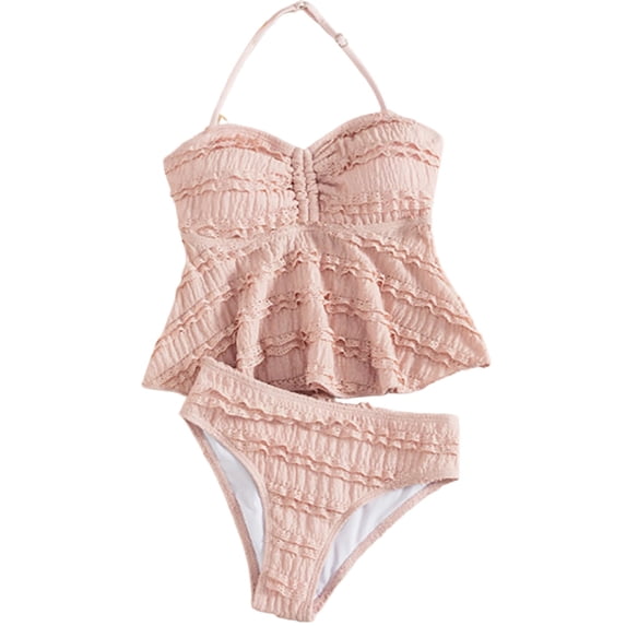 Byoo Girl Solid Color Tankini set cute Ribbed Textured 2 Piece Swimsuit kids UPF 50+ Swim set,6-7 Years,Pink