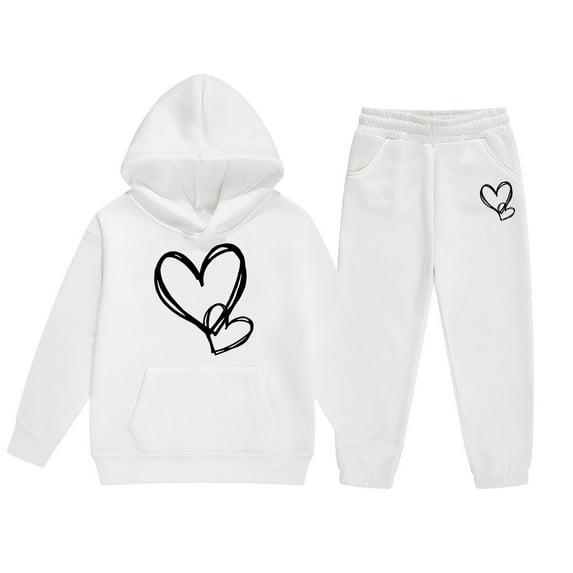 Byoo Girls Outfits Set Winter Heart Print Hoodie & Joggers Comfy Casual Kids Unisex Sweatsuit