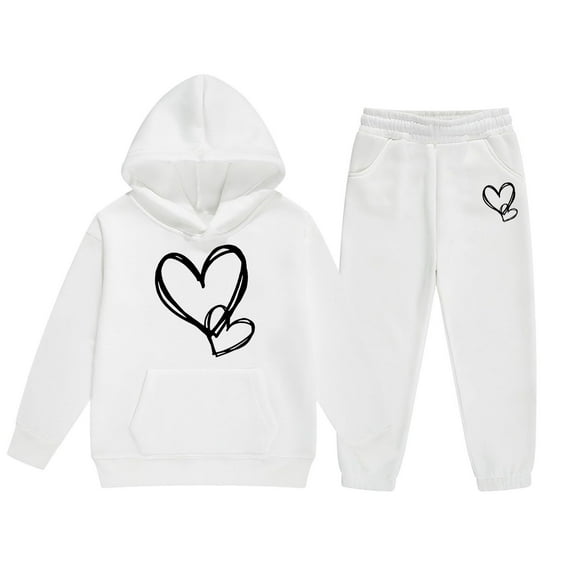 Byoo Girls Outfits Set Winter Heart Print Hoodie & Joggers Comfy Casual Kids Unisex Sweatsuit