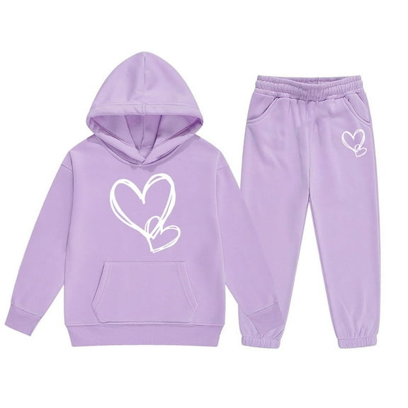 Byoo Girls Outfits Set Winter Heart Print Hoodie & Joggers Comfy Casual Kids Unisex Sweatsuit