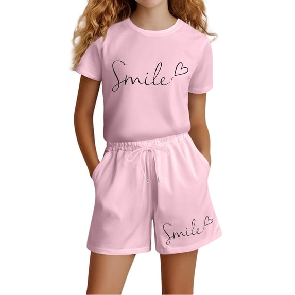 Byoo Girls Smile Print Sweatsuit Sets Short Sleeve T Shirt Shorts Casual 2 Piece Outfit Set