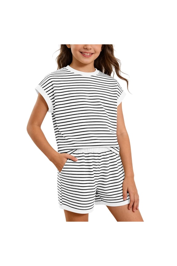 Girls' Striped Clothes Set Short Sleeve Tee Shorts Set 2 Piece Pocket Outfit