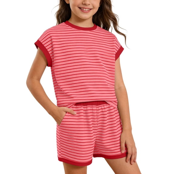 Byoo Girls' Striped Clothes Set Short Sleeve Tee Shorts Set 2 Piece Pocket Outfit
