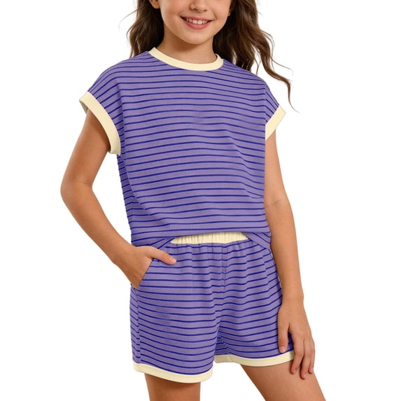 Byoo Girls' Striped Clothes Set Short Sleeve Tee Shorts Set 2 Piece Pocket Outfit