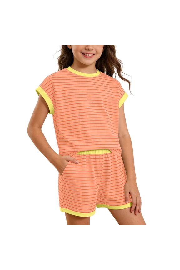 Girls' Striped Clothes Set Short Sleeve Tee Shorts Set 2 Piece Pocket Outfit