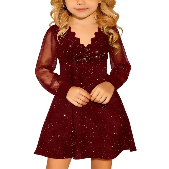 Byoo Glitter Scallop Neck Party Dresses for Toddler Girl Solid Long Sleeve Sparkle Mini Gown Formal Dress,Red