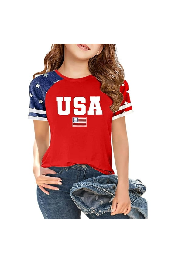 Graphic Toddler Girl Tee Shirt USA Print Short Sleeve Independence Day Tshirt Active Soft Daily Shirts, 4-5 Years