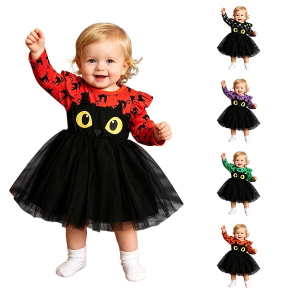 Byoo Halloween Gown forInfant Girls Cat Silhouette Print Long Sleeve Ruffle Shoulder Party Dress Holiday Tutu, Red