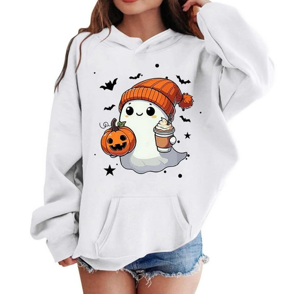Byoo Halloween Hoodie for Girls Cute Cartoon Ghost Print Soft Pullover Hooded Sweatshirt