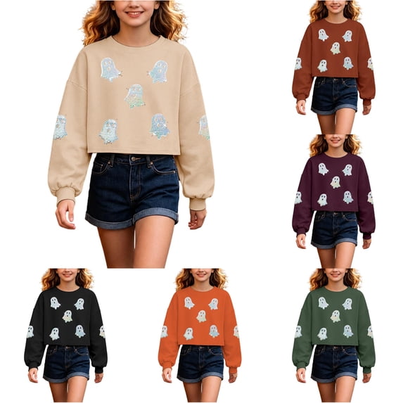 Byoo Halloween Sequin Ghost Sweatshirt for Toddler Girls Cropped Long‑Sleeve Print Kid Tops Tees