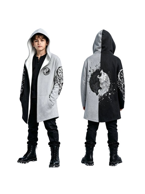 Halloween Split‑Tone Howling Wolf Print Coat for Toddler Boys Open‑Front Hooded Casual Kid Jackets