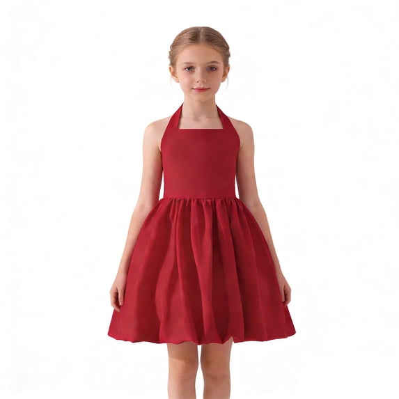 Byoo Halter Neck Bubble Hem Party Dress for Tween Girl Solid Sleeveless Backless Formal Satin Gown Holiday Elegant Dresses