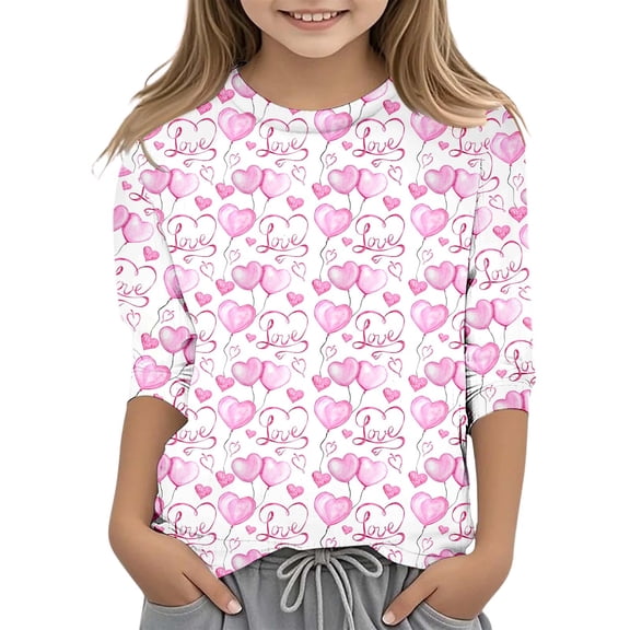 Byoo Heart Painted Teen Girls T-Shirt Valentine's Day 3/4 Quarter Sleeve Pullover Top Lightweight Soft Daily T Shirt for Kids
