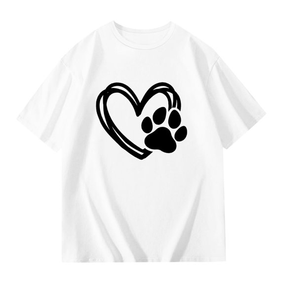 Byoo Heart Paw Print Tshirt for Girl Cute Crew Neck Short Sleeve Oversize T Shirt Basic Pullover Top