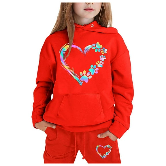 Byoo Heart Print Big Girls Outfit Set Full Sleeve Sweatshirt Sweatpants Sweatsuit Set Warm Active 2pc Outfits