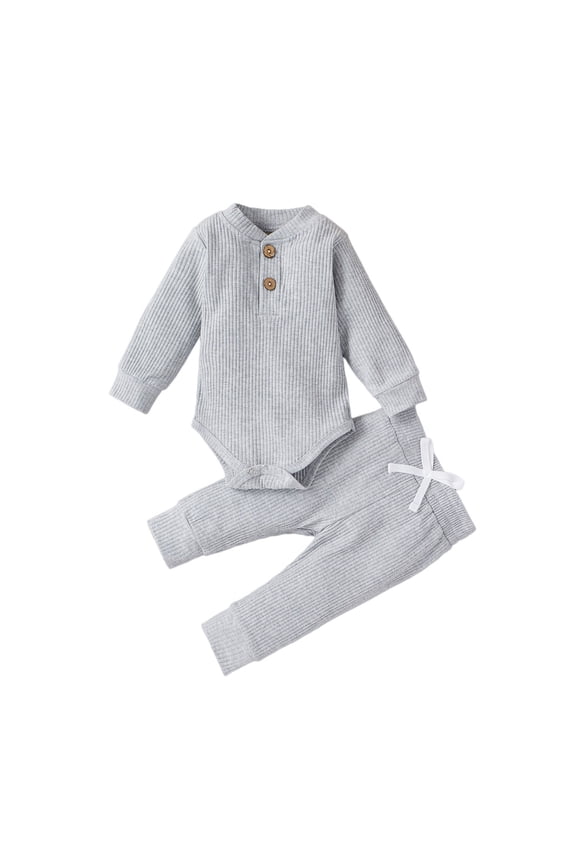 Boy 2-Piece Ribbed Outfit Set Solid Color Long-Sleeve Henley Bodysuit Pants Soft Baby Outfits Comfy Romper Set