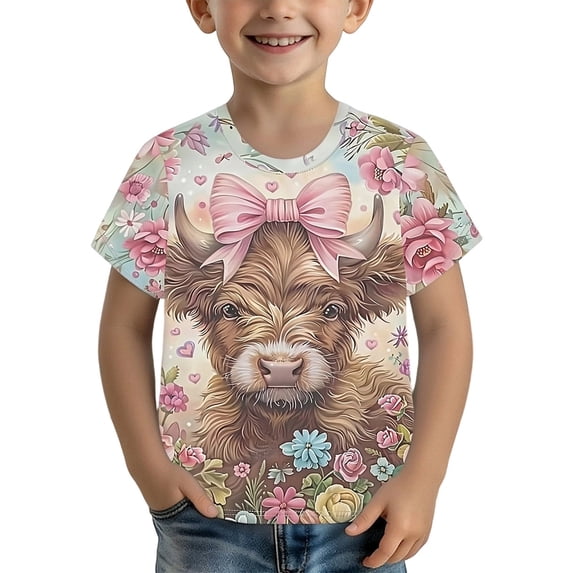 Byoo Boy Cow Printed T Shirt Casual Short Sleeve Crew Neck Kids Tee Shirt,Pink