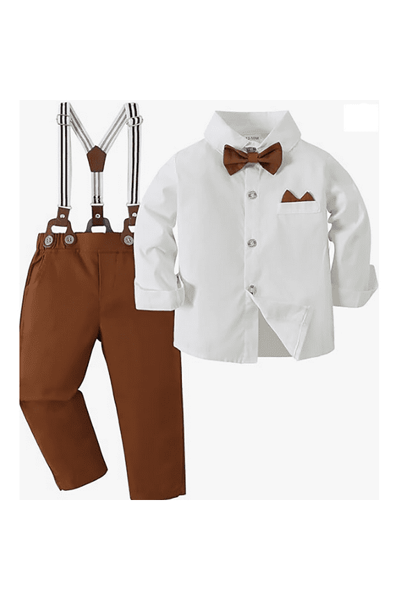 Infant Boy Suit Set Bow Solid Color Button Down Shirt Dress Overalls Pants Outfits Gentleman Wedding Clothing Set