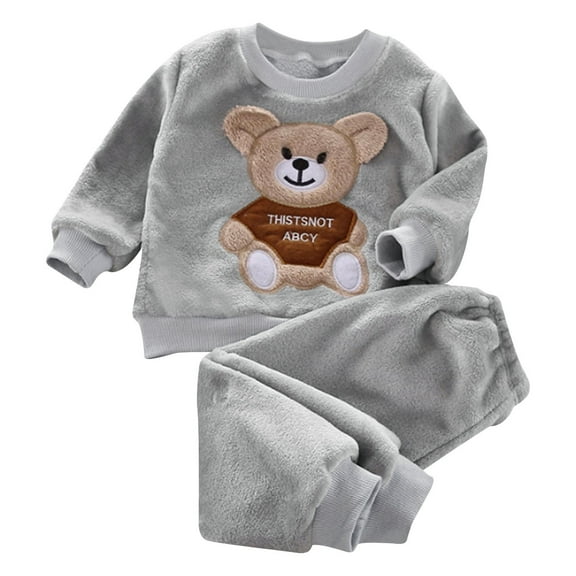 Byoo Infant Boys Flannel Thickened Loungewear Set Warm Bear Printed Pullover Top Pants Outfit Children Comfy Homewear Set