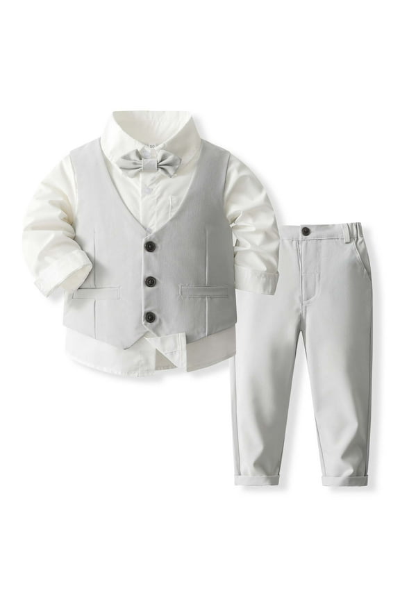 Boys Formal Outfits Wedding Party Long Sleeve Shirt Vest Pants Bow Tie Suit