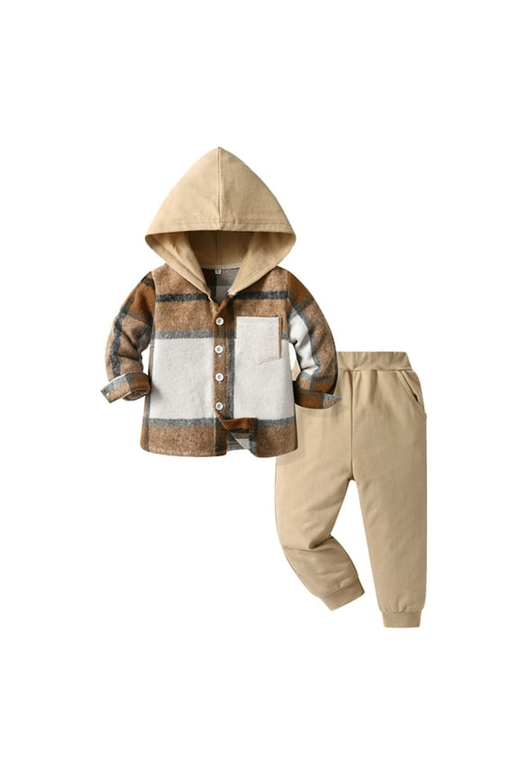 Infant Boys Hoodie Outfits Set Plaid Prints Hooded Long Sleeve Button Down T Shirt Pants Set Casual Holiday Clothing Set