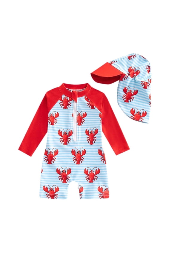 Boys One Piece Swimsuit with Hat Uv Lobster Print Long Sleeve Swimwear for Kids,Red