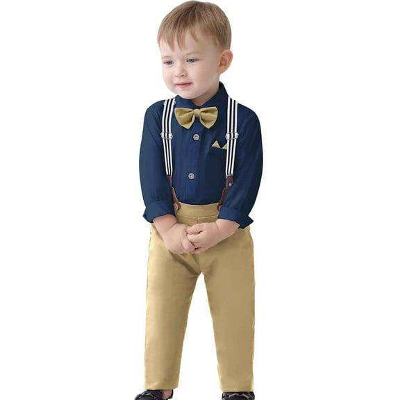 Byoo Infant Boys Suit Long Sleeve Dress Shirt Bowtie Suspenders Pants Kids Formal Outfits