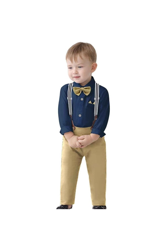 Infant Boys Suit Long Sleeve Dress Shirt Bowtie Suspenders Pants Kids Formal Outfits