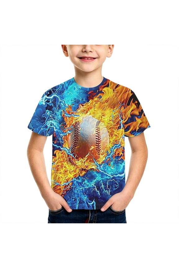 Infant Boys Summer Bold Tee Shirt Fire Lightning Baseball Print Sports Short Sleeve Tops