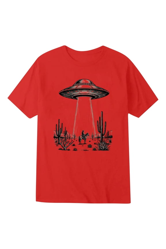 Boys Summer Retro Tee Shirt UFO Cowboy Desert Print Casual Short Sleeve Tops