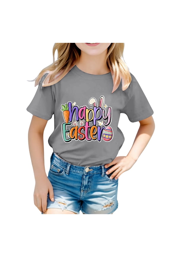 Infant Girl Letter Graphic Tshirt Easter Crew Neck Short-Sleeved Pullover Shirt Stylish T Shirt,Grey
