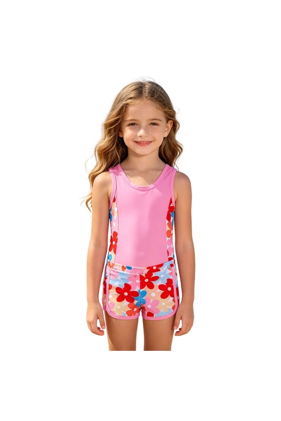 Girl UPF 50 Two Piece Floral Print Swimwear Quick Dry Summer Beach Bathing Suit,Pink