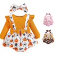 thumbnail image 1 of Byoo Infant Girl's Halloween Pumpkin Ghost All Over Print Clothes Set Waffle Knit Ruffle Strap Romper Bow Decor Jumpsuit,Beige, 1 of 8
