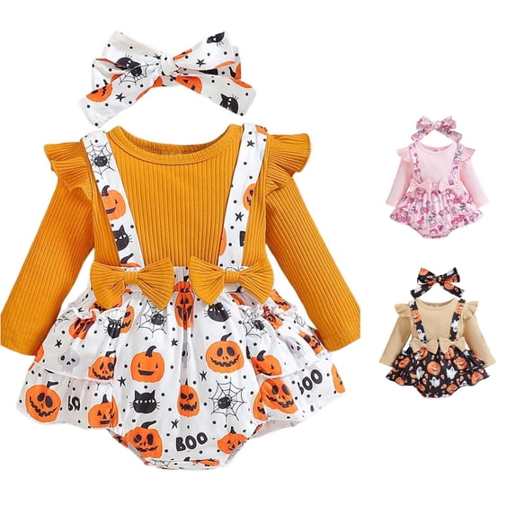 Byoo Infant Girl's Halloween Pumpkin Ghost All Over Print Clothes Set Waffle Knit Ruffle Strap Romper Bow Decor Jumpsuit,Beige
