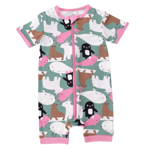 Byoo Girls' Arctic Animal Print Homewear Romper Short Sleeve Zippered Soft Baby Bodysuit