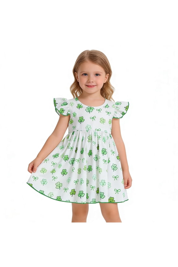 Infant Girls' Dress Shamrock Leaf Print Flutter Sleeve Twirl Dresses Lucky Clover Casual School Dress