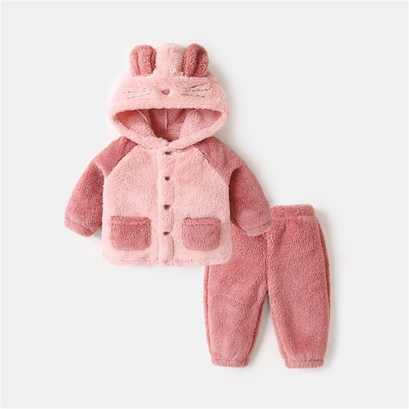 Byoo Infant Girls Loungewear Outfits Solid Color Cute Cartoon Fleece Long Sleeve Hoodie Coat Pants Set Soft Cozy 2PCS Clothes Set