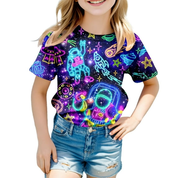 Byoo Girls' Neon Space Astronaut Print T-Shirt Short-Sleeve Crewneck Graphic Tee Vibrant Casual Top for Kids,Multicolour