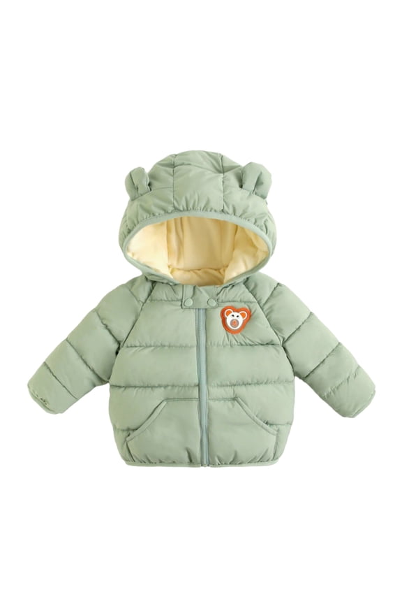 Girls Puffer Jacket Solid Color Full Zip Full Sleeve Hooded Bear Ear Winter Down Jacket Outdoor Cloth