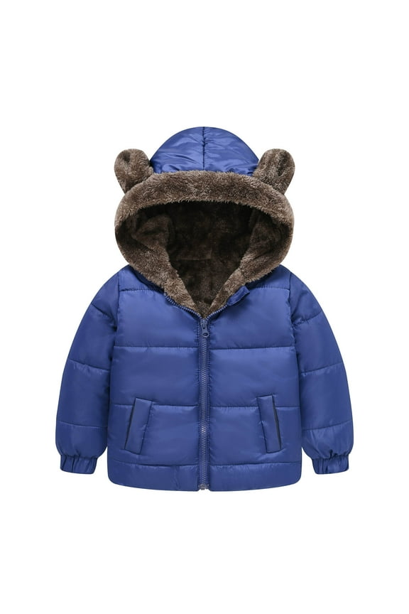 Infant Girls Puffer Jacket Solid Color Zip Up Fleece Lined Hooded Down Jacket with Bear Ears Winter Thicken Coat