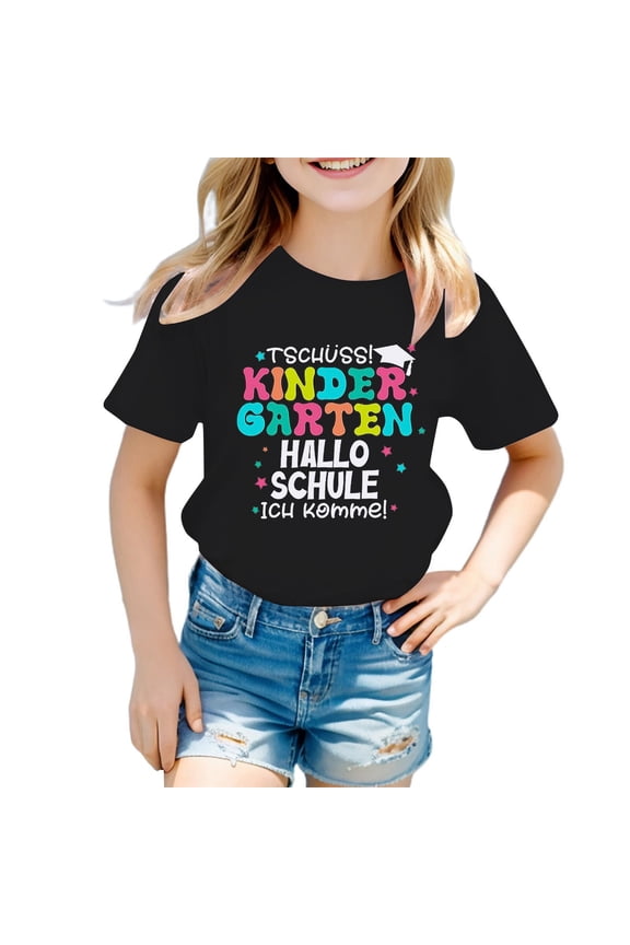Infant Girls Summer Soft Back-To-School Letter Printed Tee Shirt Short Crewneck School Tee Tops T Shirt